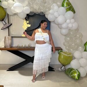 SHOWPO WHITE BRIDAL FRINGE MIDI SKIRT SET IN WHITE (AMALEE 2 PIECE SET)